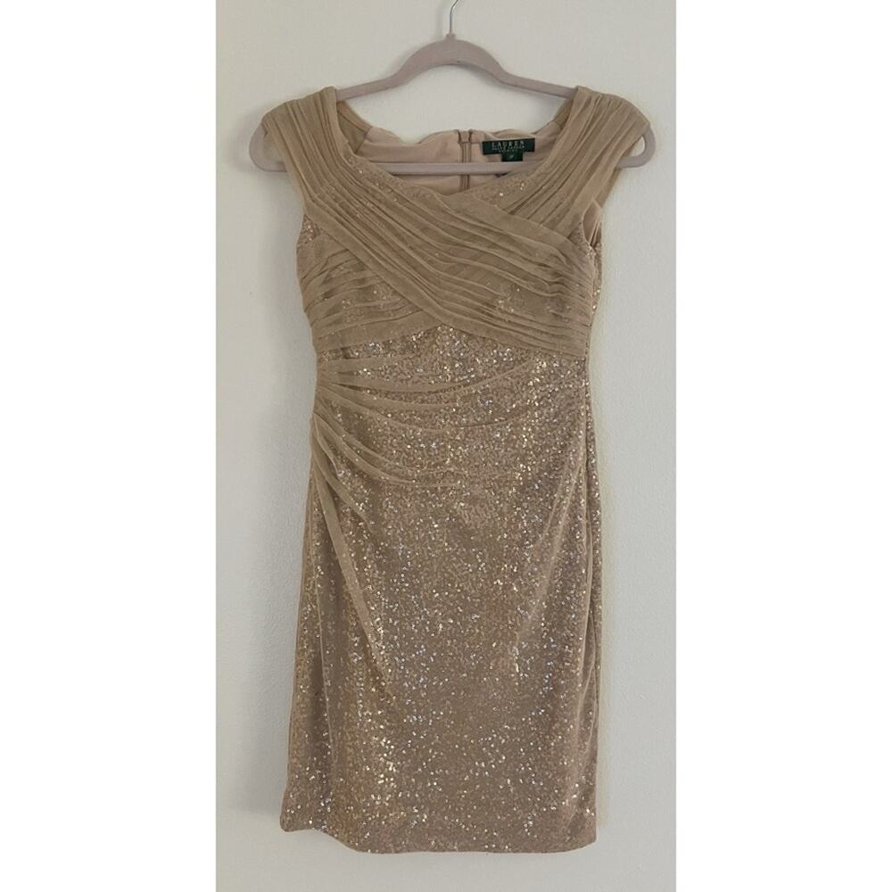 Lauren Ralph Lauren Evening Gold Sequin Mesh Shoulders Mini Dress